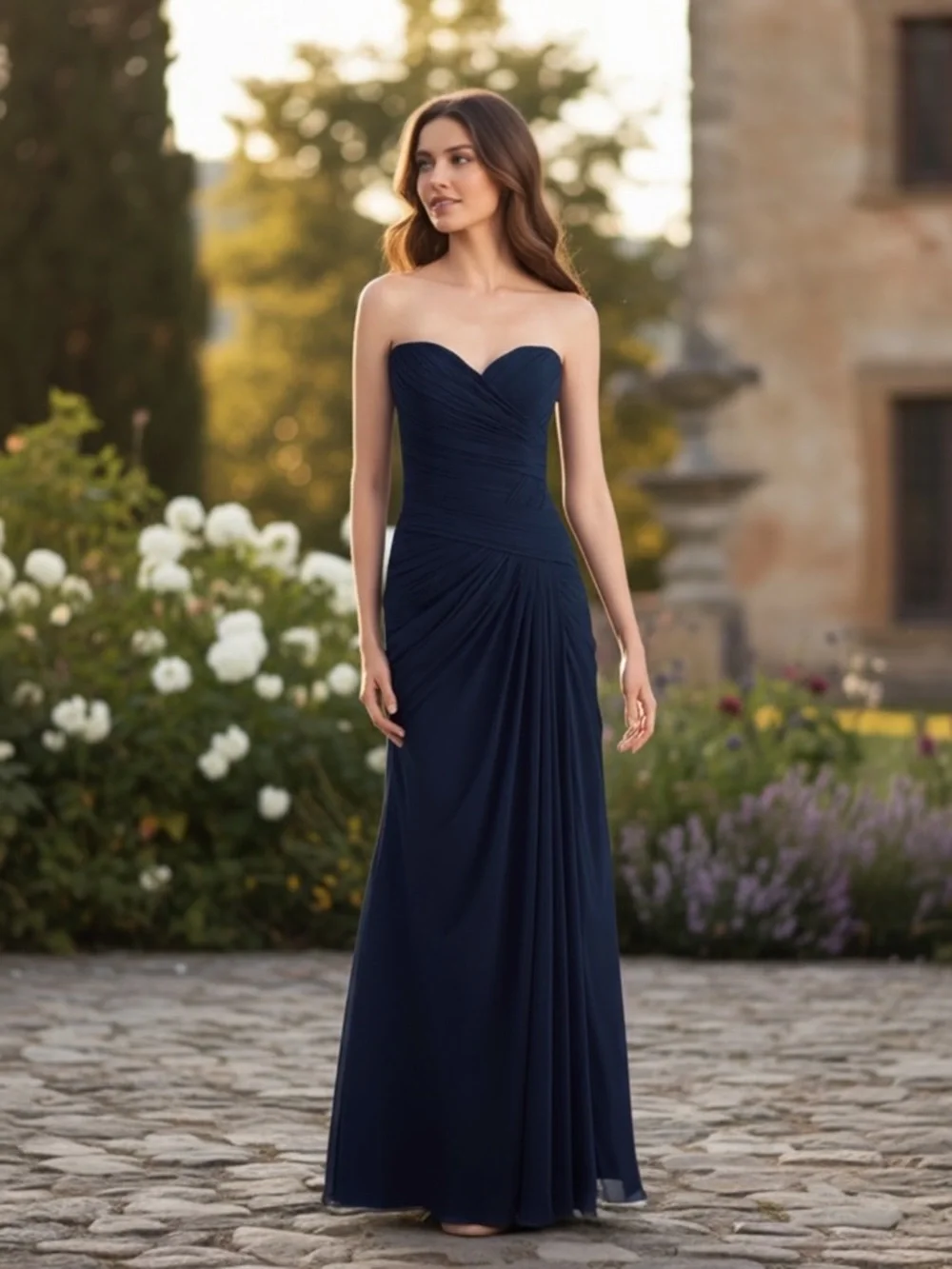 Bill Levkoff Rouched Navy Chiffon Bridesmaid Dress Strapless Maxi Formal Sz 8 - Picture 15 of 15